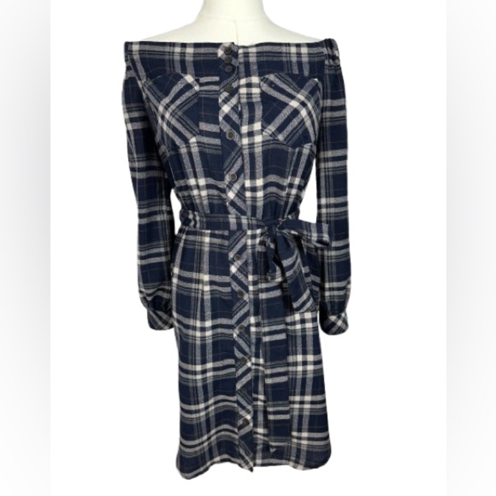 essue Navy and White Plaid Off-Shoulder Shirt Dress with Tie Belt